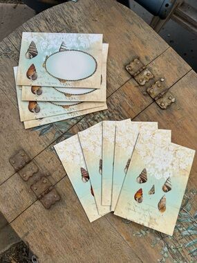 Seashell Stationery Note Cards - Blue and Cream- pack of 5
